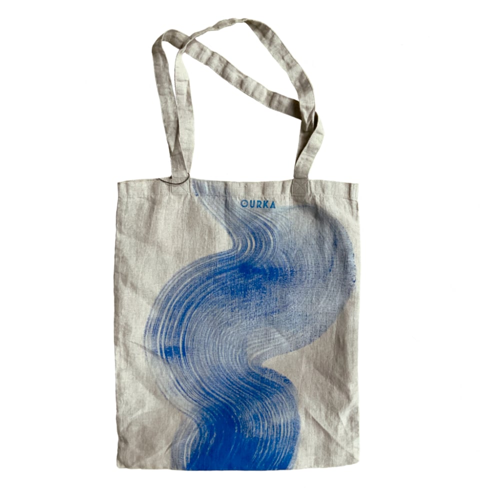 Image of Tote lin naturel vagues bleues