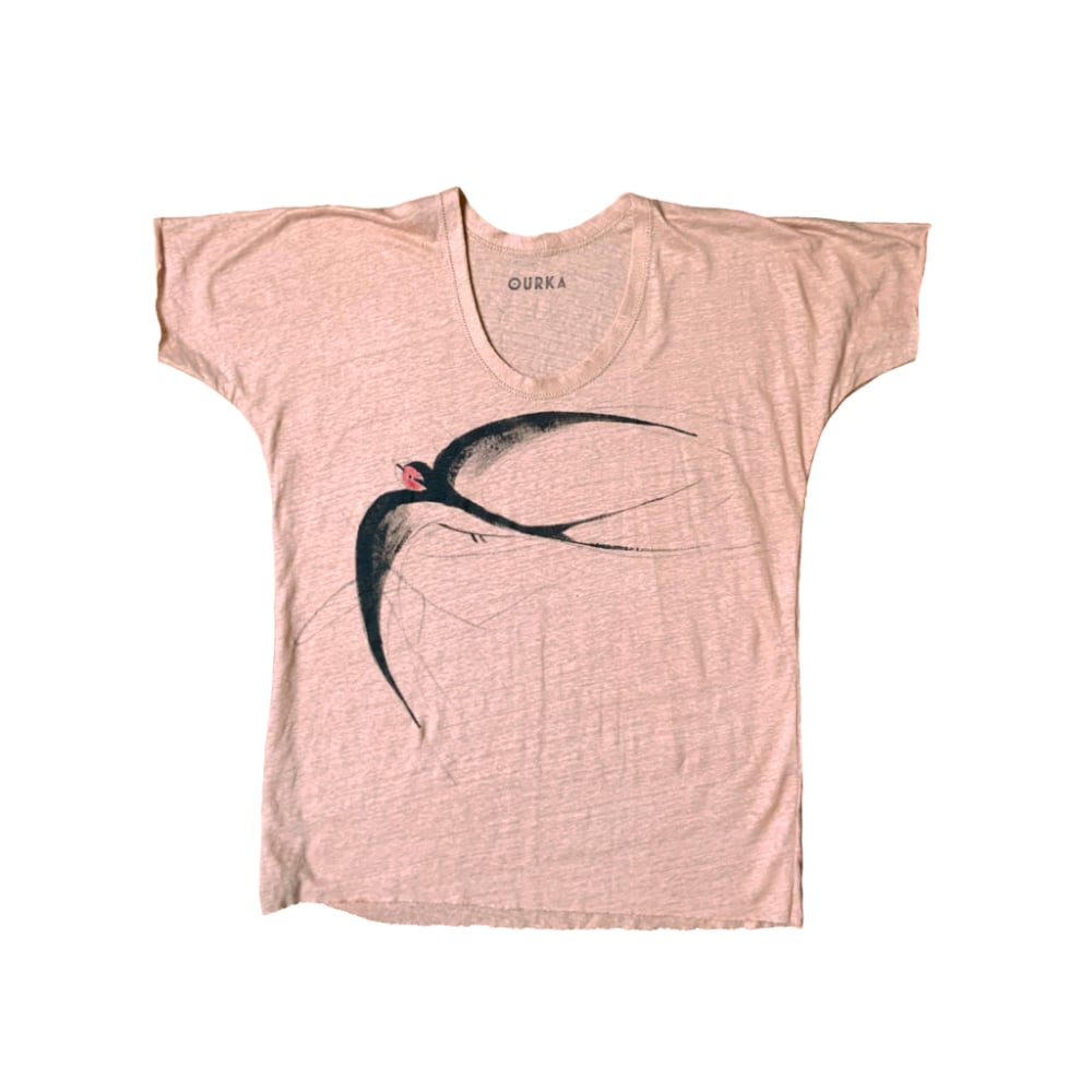 Image of T-shirt "Hirondelle" en jersey de lin rose peint T.M