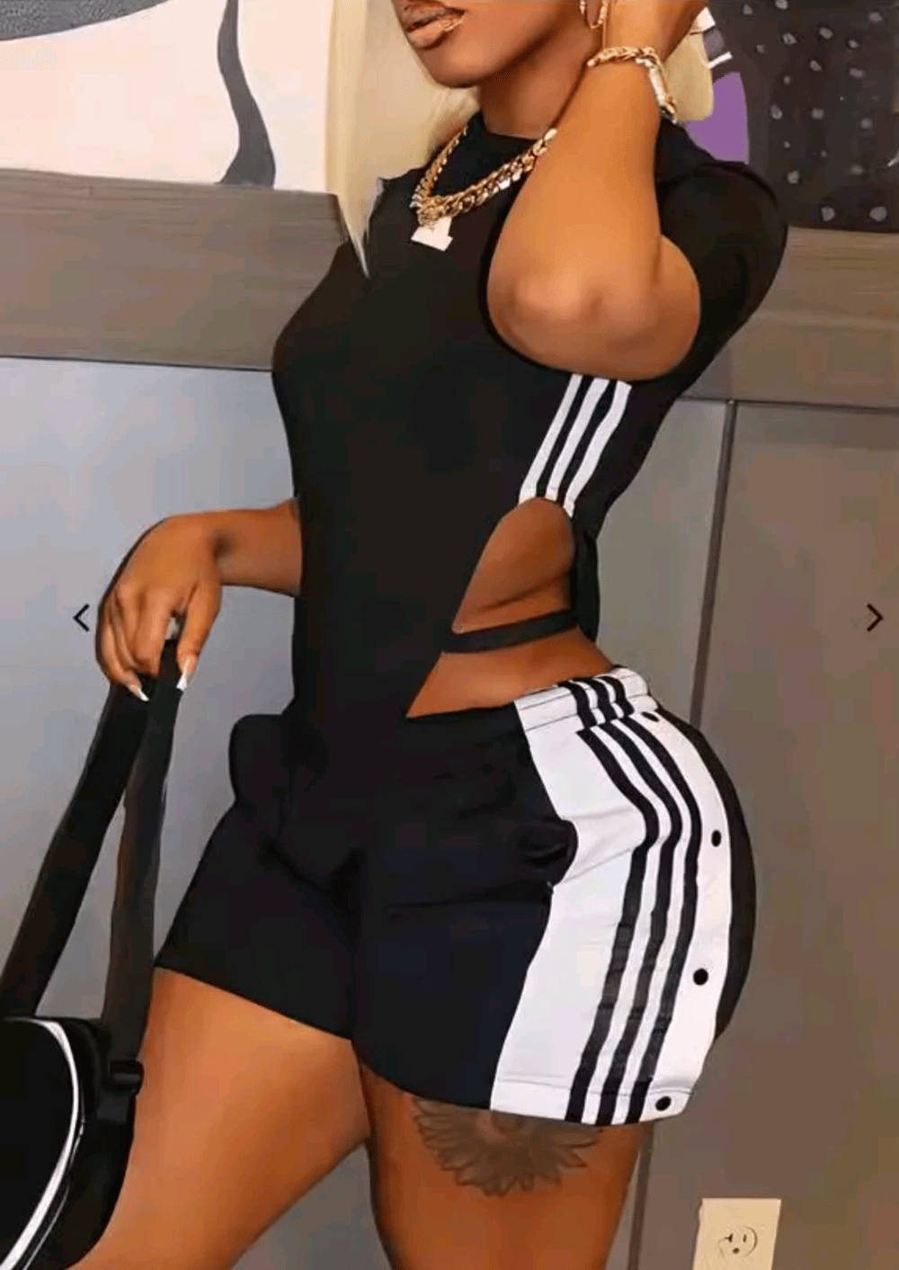 Image of Black and white striped short set