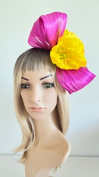 Image 1 of Yellow Poppy Fascinator, Magenta Headband, Boho, Weddings, Races, Melbourne Cup, Handmade Millinery