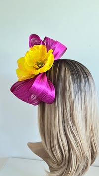 Image 2 of Yellow Poppy Fascinator, Magenta Headband, Boho, Weddings, Races, Melbourne Cup, Handmade Millinery