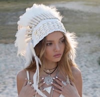 White cowrie shell feather headdress