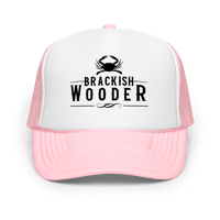 Image 5 of Brackish Wooder Foam Trucker Hat – Black Logo with Chesapeake Blue Crab | Snapback Mesh Cap