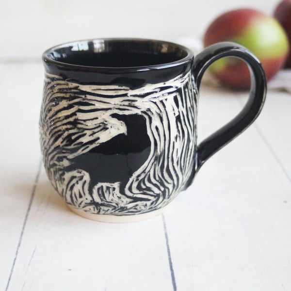 Image of Black Crow Sgraffito Mug, Hand Carved Raven Coffee Cup, 12 oz., Made in USA