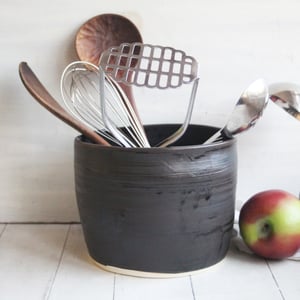 Image of Utensil Holder in Matte Black Brown Glaze, Ceramic Pottery Crock, Made in USA