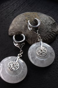 Image 1 of Ear Weights - Lotus Crystal Saddles - Clear Quartz - Stretched Ears, Tunnels - Stainless Steel