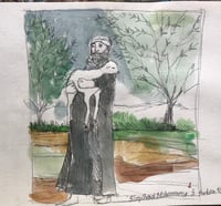 Palestine Art fundraiser Shepherd sketch #6 watercolour and pencil 7 1/2  x8 "