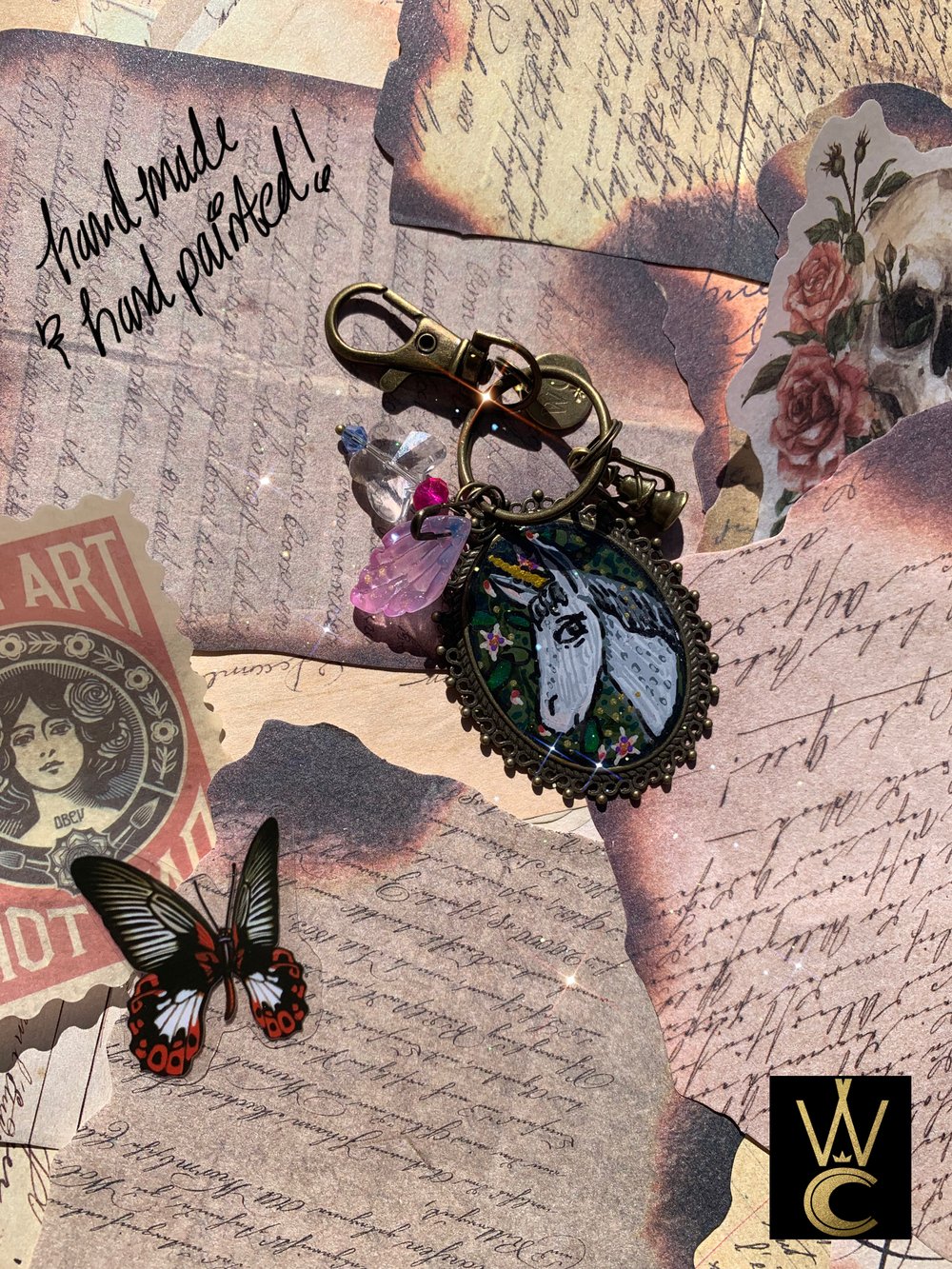 Enchanting Unicorn hand painted bag charm keychain 