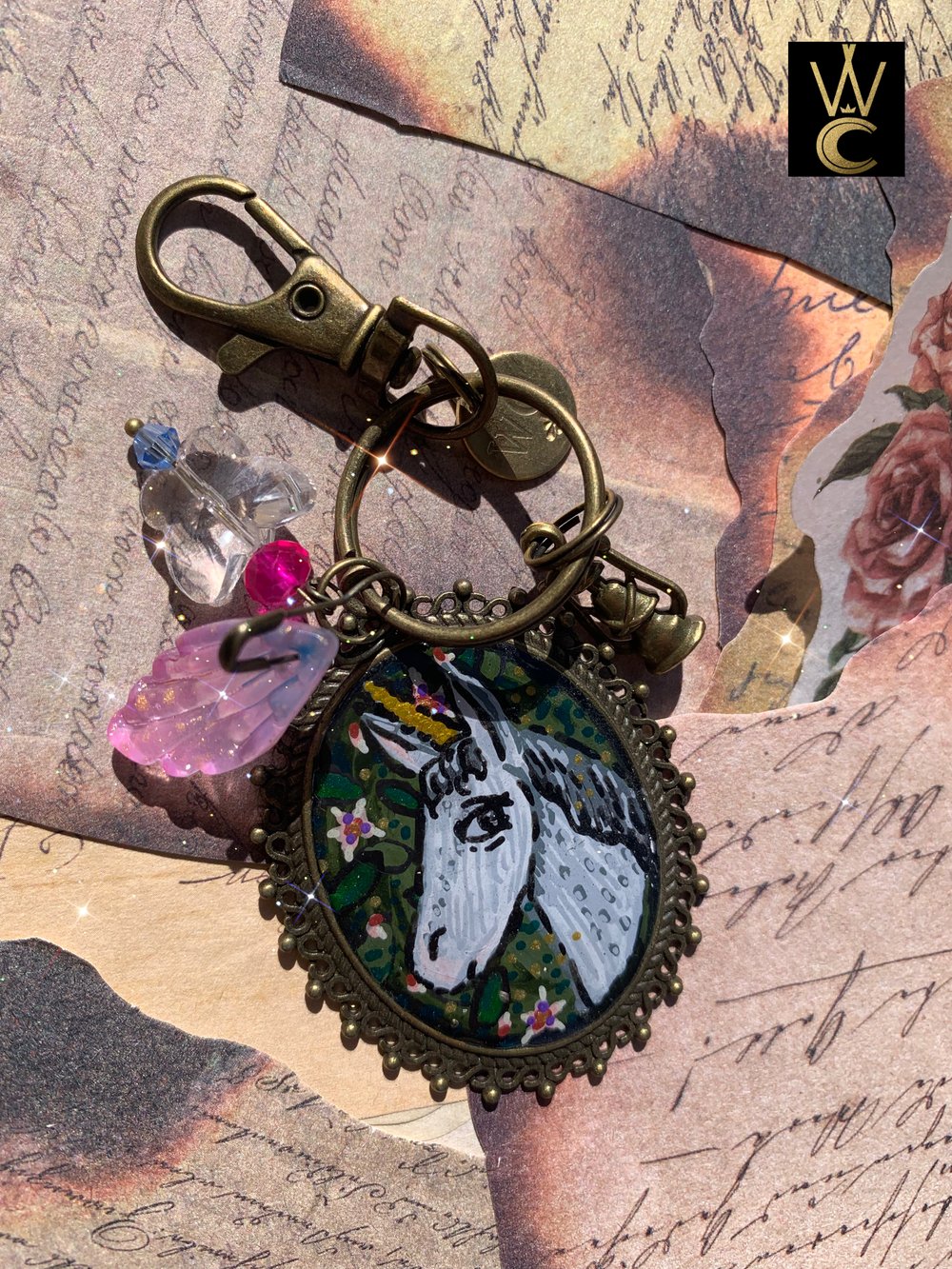 Enchanting Unicorn hand painted bag charm keychain 