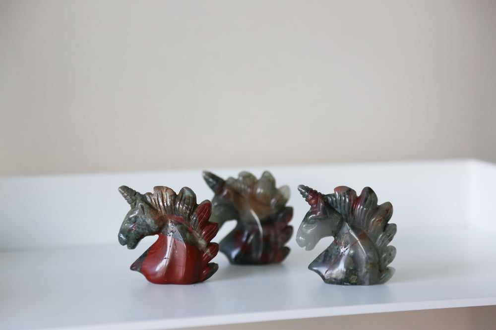 Image of Bloodstone unicorn head carving