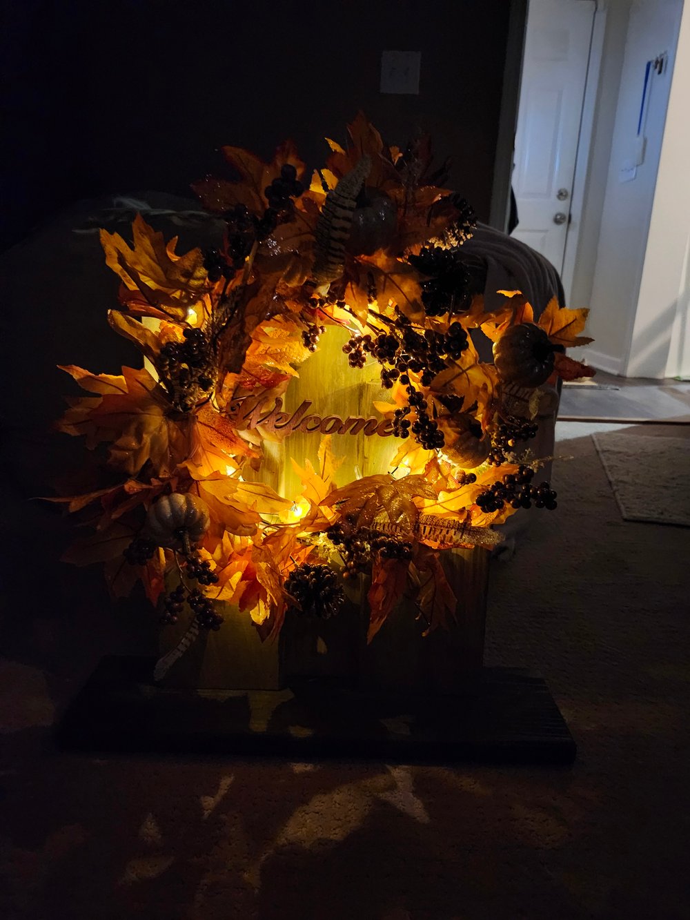 FRONT PORCH WELCOME STAND WITH WREATH AND LIGHTS