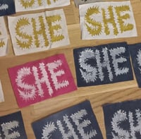 Image 5 of SHE Pronoun Patch (Linocut) 