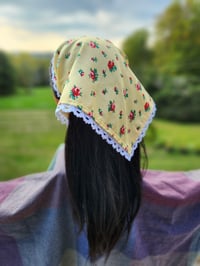 Image 1 of Lace Trimmed Cotton Bandana- Yellow & Roses