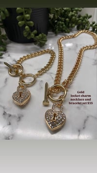 Gold locket charm necklace and bracelet set 