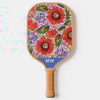 Image 2 of Custom Monogram Pickleball Paddle Cute Blue & Red Floral and Stripes