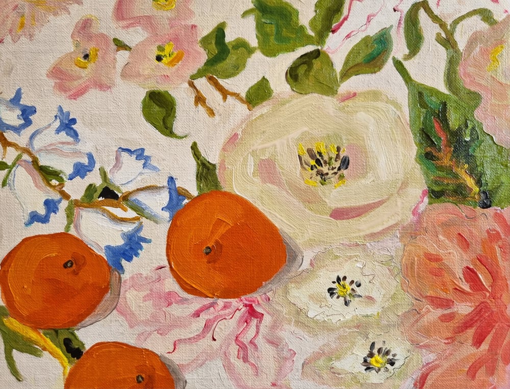 Image of Mandarins on floral cloth