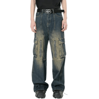 Image 1 of Men's Gradient Color Patchwork Cargo Jeans