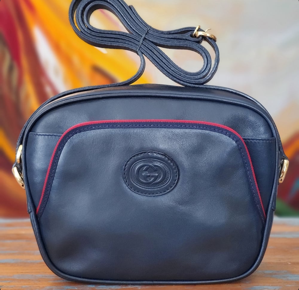Image of Vtg. Gucci Navy Blue Crossbody Bag.