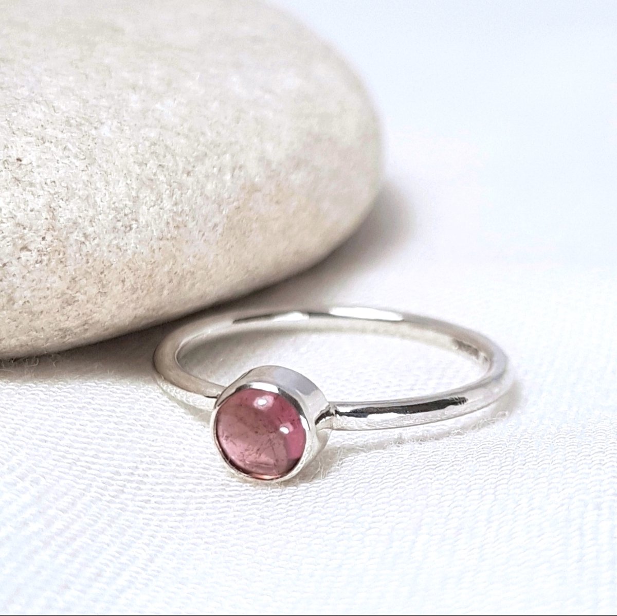 Image of Sterling Silver Pink Tourmaline Ring, Handmade Silver Stacking Ring, UK Hallmark