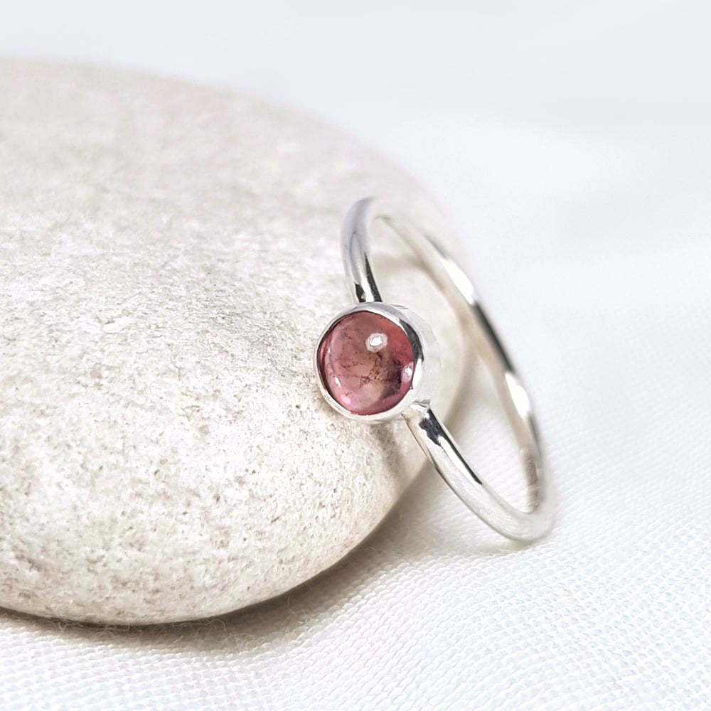 Image of Sterling Silver Pink Tourmaline Ring, Handmade Silver Stacking Ring, UK Hallmark