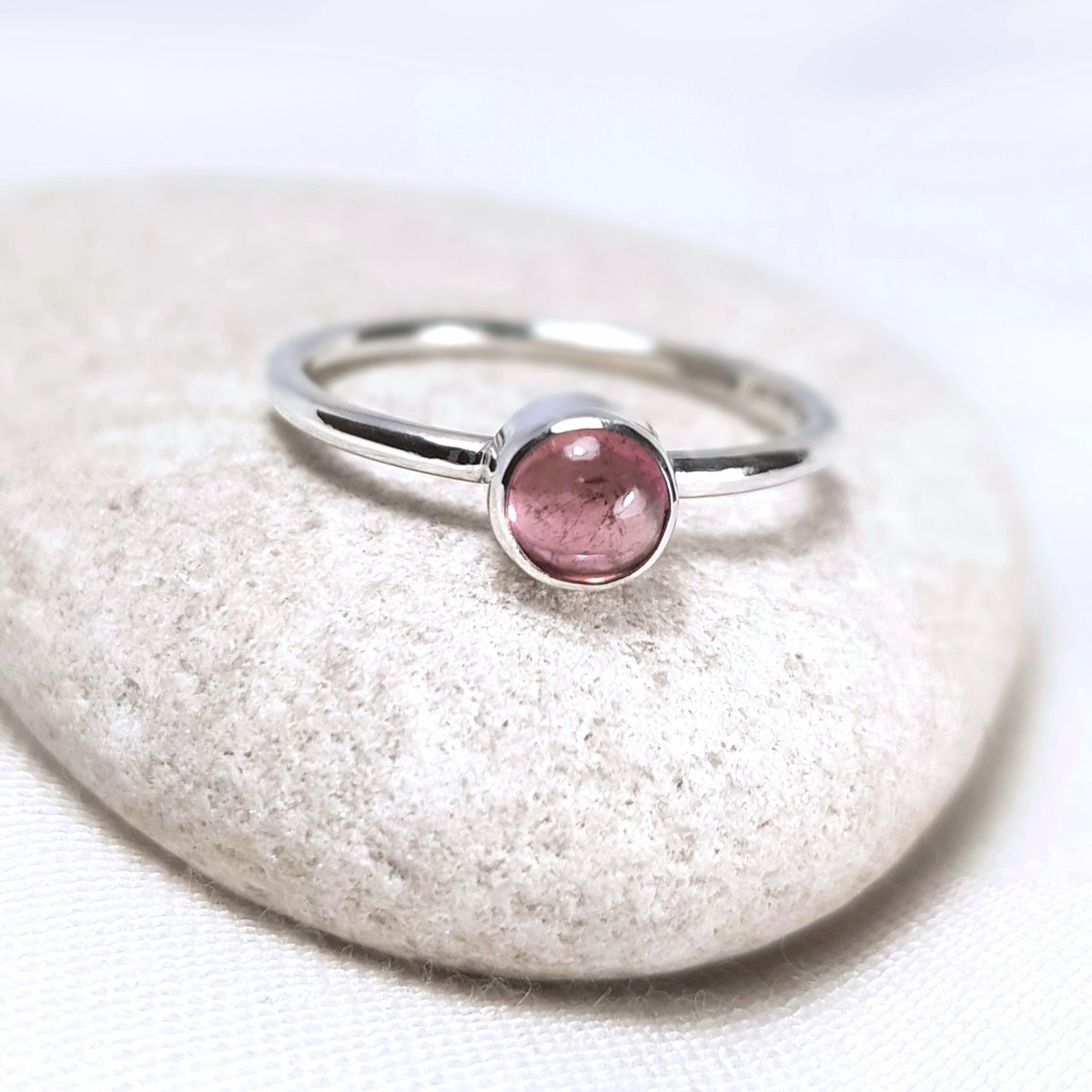 Image of Sterling Silver Pink Tourmaline Ring, Handmade Silver Stacking Ring, UK Hallmark