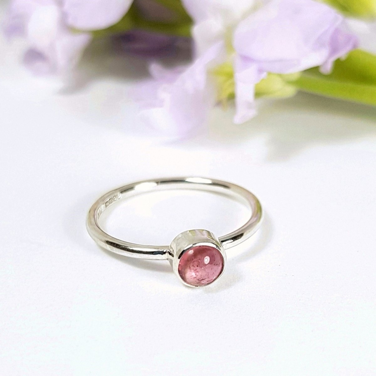 Image of Sterling Silver Pink Tourmaline Ring, Handmade Silver Stacking Ring, UK Hallmark
