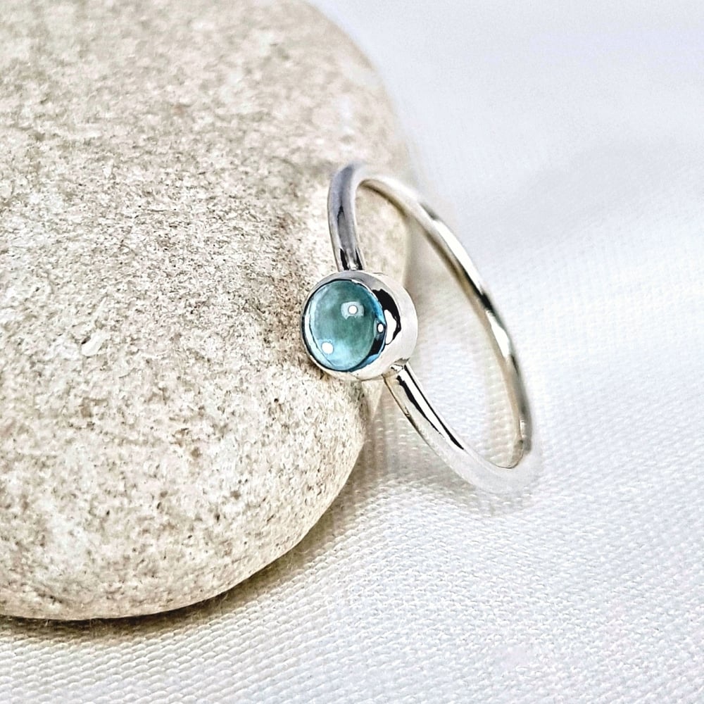 Image of Sterling Silver Blue Topaz Ring, Handmade Silver Stacking Ring, UK Hallmark