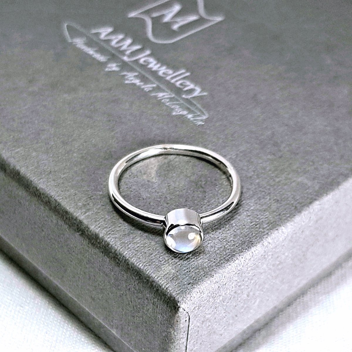 Image of Sterling Silver Moonstone Ring, Handmade Silver Stacking Ring, UK Hallmark