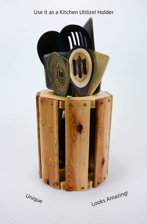 Image of Wooden Multi Purpose Vase, Decorative Wooden Kitchen Utelsil holder, Glass Vase included