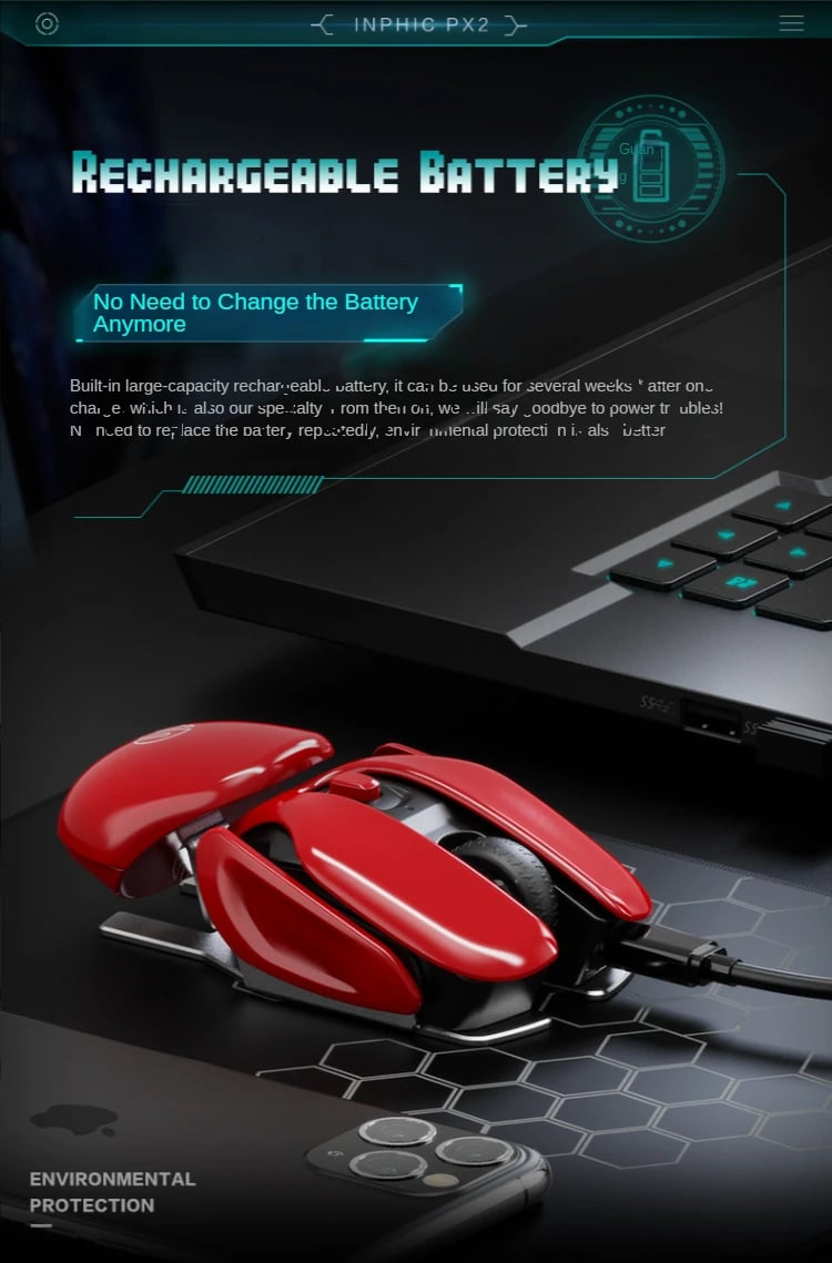 MSL PX2 Metal Rechargeable Wireless Mute 1600DPI Mouse 6 Buttons for PC Laptop Gaming