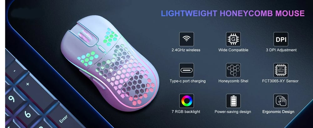 MSL 2.4G Wireless RGB Gaming Mouse - Adjustable DPI, Ergonomic Honeycomb Design