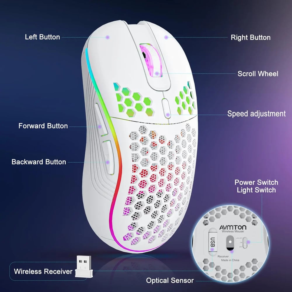 MSL 2.4G Wireless RGB Gaming Mouse - Adjustable DPI, Ergonomic Honeycomb Design