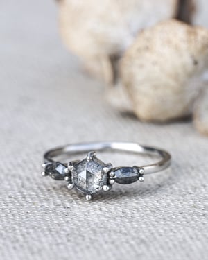 Image of Platinum natural pale grey hexagonal diamond trilogy ring (LON231)