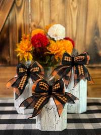 Image 1 of Rustic White Crackle Wood Pumpkin Trio/Orange Buffalo Check Bow