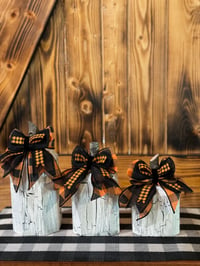 Image 4 of Rustic White Crackle Wood Pumpkin Trio/Orange Buffalo Check Bow