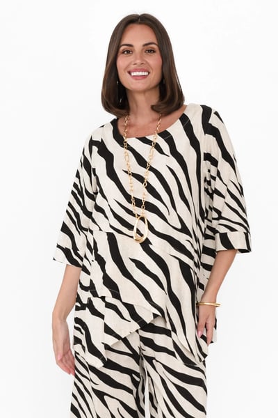 Image of Asymmetrical Linen/Cotton Top - Zebra