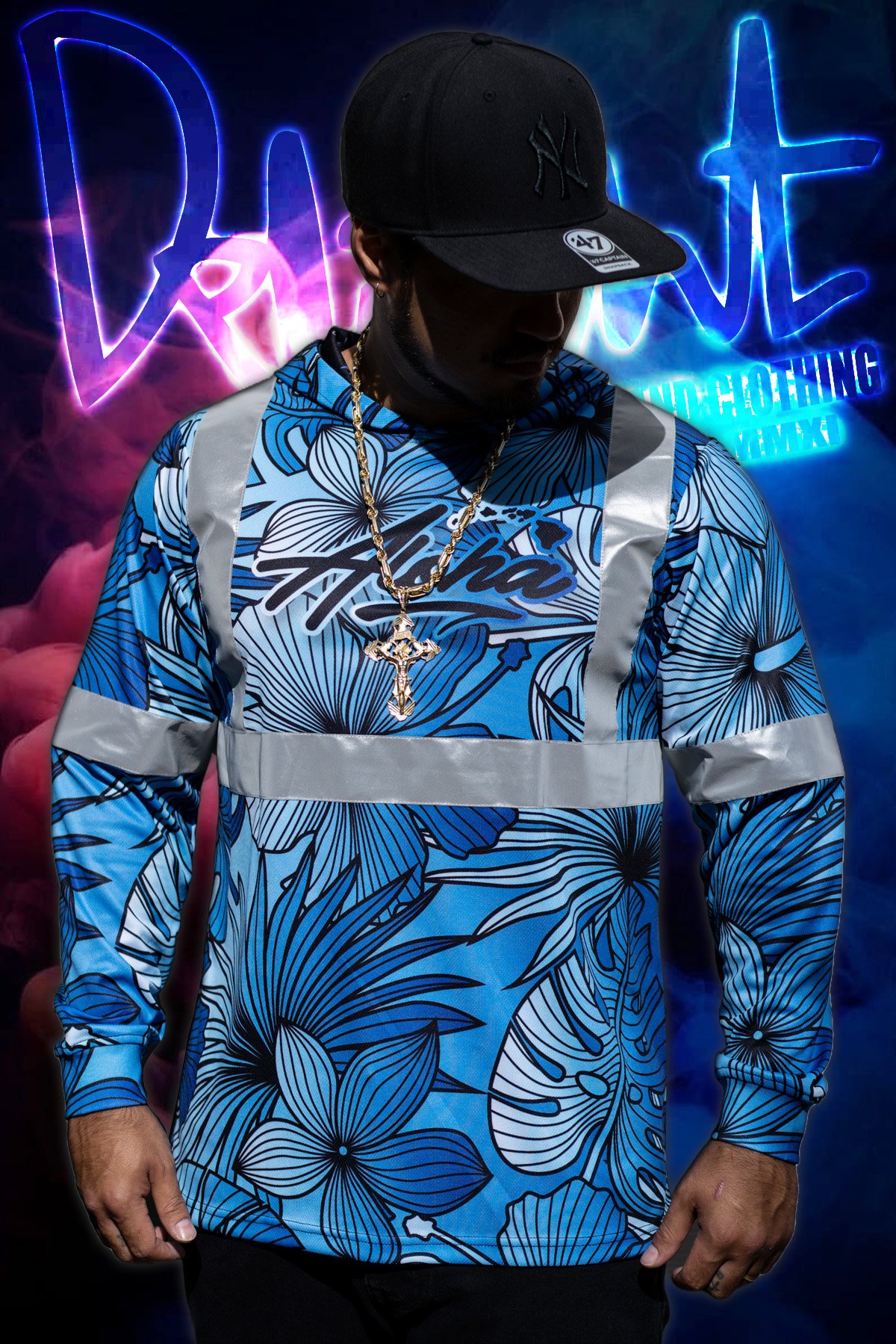 Hooded Longsleeve - Hibiscus Aloha Islands (Royal Blue Mix High Viz)