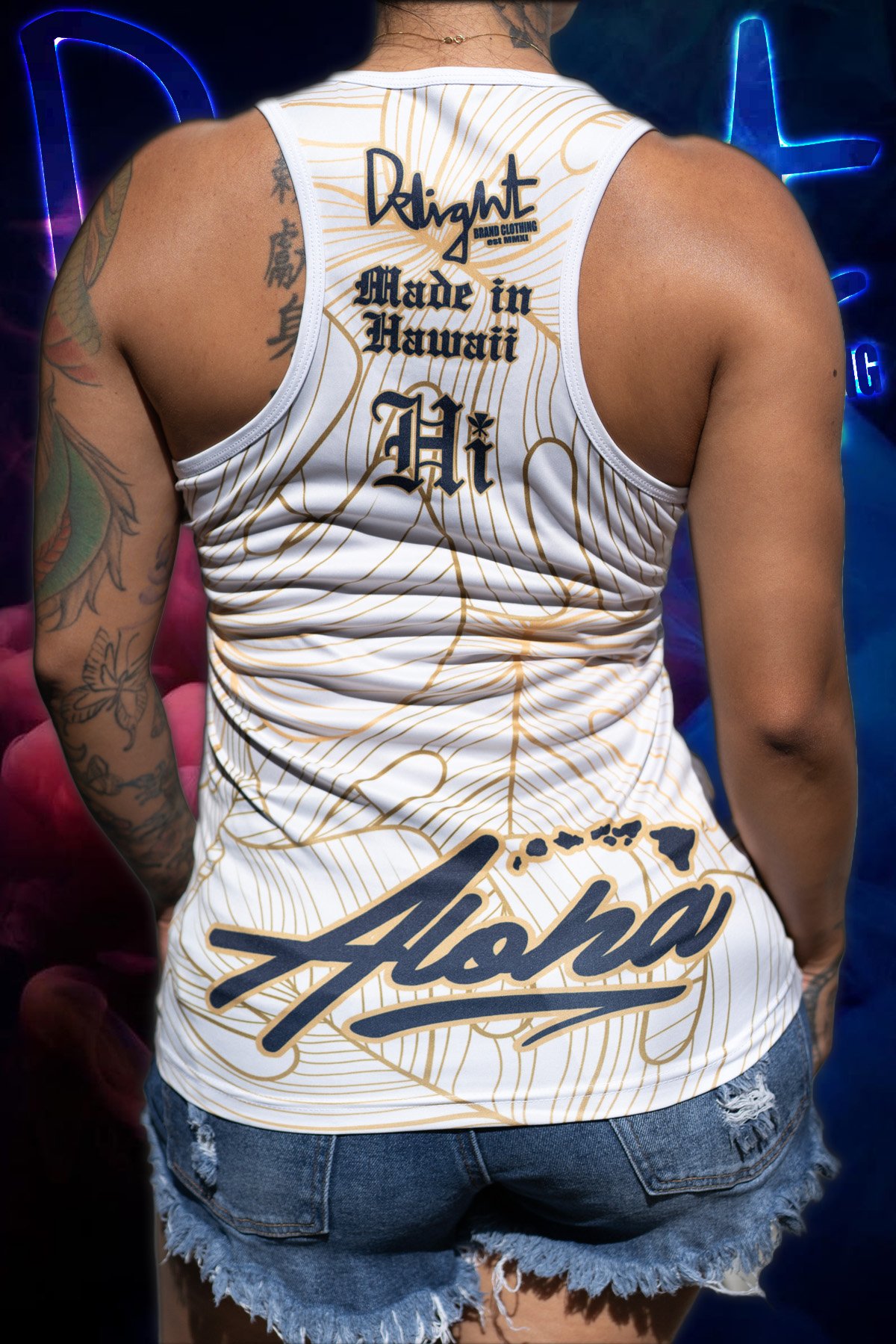 Aloha Islands Ladies Racerback Tank Top (White - Gold)