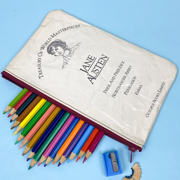 Image of Jane Austen Book Page Pencil Case, Pride and Prejudice, Northanger Abbey, Persuasion, Emma