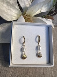 Image 2 of Stainless Steel Earrings Oyster Perl Charms Gold