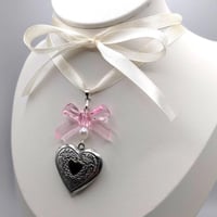 Image 1 of Self-tying Heart Locket Ribbon Choker Necklace