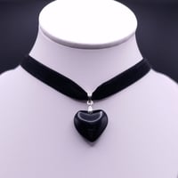 Image 1 of Elegant Gothic Black Glass Heart Velvet Choker Necklace