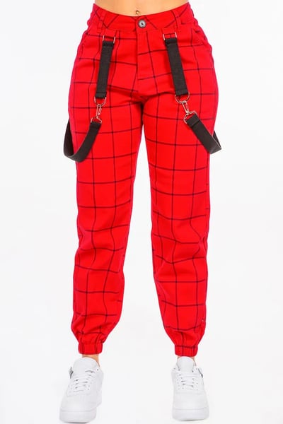 Image of  3PACK PLUS SIZE RED/BLACK GRID PRINTED JOGGER PANTS W/SUSPENDERS