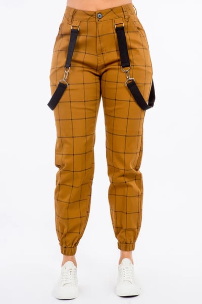 Image of  3PACK PLUS SIZE CAMEL/BLACK GRID PRINTED JOGGER PANTS W/SUSPENDERS