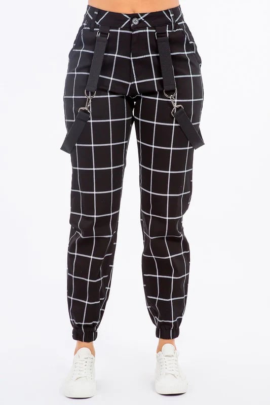 Image of  3PACK PLUS SIZE BLACK/WHITE GRID PRINTED JOGGER PANTS W/SUSPENDERS