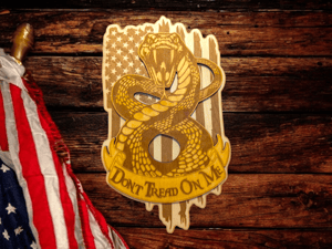 Image of Don’t Tread On Me Snake on an American Flag Sign