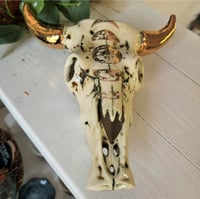 Image 2 of 10" Steer Skull with 22kt Gold Horns and Moon Phases