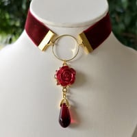 Image 1 of Romantic Wine Red & Gold Velvet Glass Teardrop Rose Choker