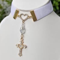 Image 1 of Angelic White & Gold Heart Cross Crystal Teardrop Choker