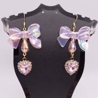 Image 1 of Pink Princess Bow Heart Gem Earrings